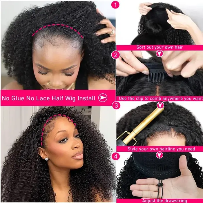 Perruque sans colle 250% en cheveux humains, afro bouclés crépus, avec bandeau, mise à niveau 3 en 1
