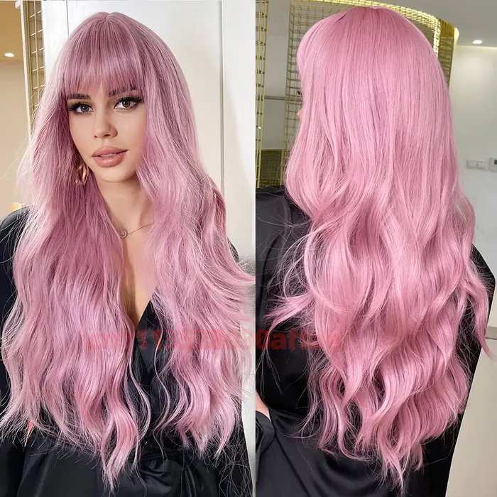 Perruque synthétique longue rose bouclée ondulée tendance avec frange