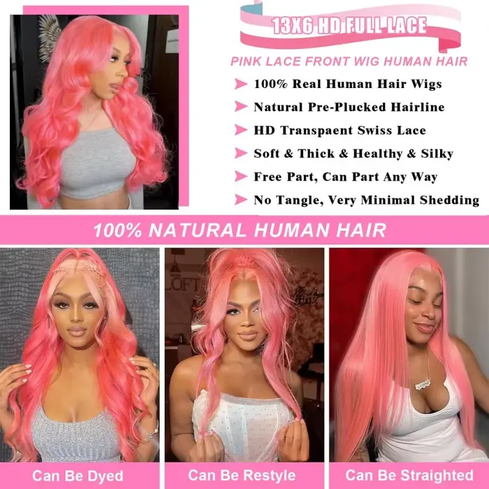 Pink Human Hair Wig Body wave Lace Front Wig 13X4 13X6 Hd Lace Frontal Wig Brazilian Hair 38 Inch Co