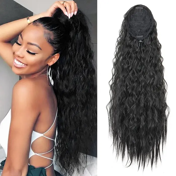 22 pouces synthétique longue crépus bouclés queue de cheval Extension de cheveux cordon enveloppé pince dans