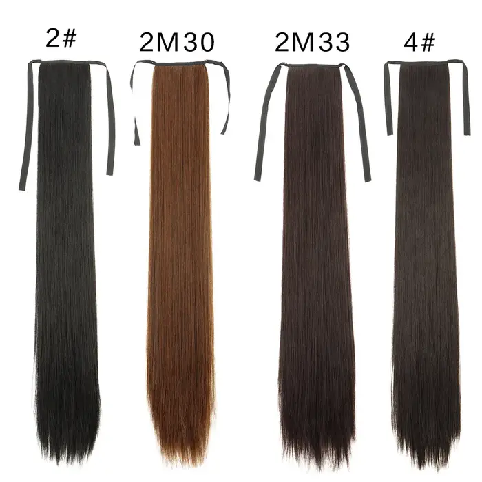 Perruque synthétique pour femme (18-34 pouces) Cheveux longs et raides avec accessoire de coiffure style queue de cheval à enrouler et à clipser