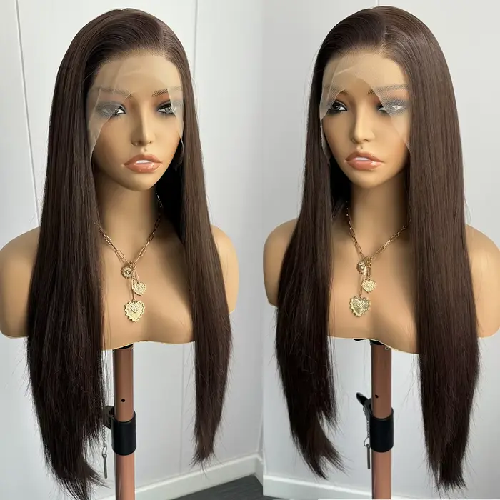 Perruque Lace Front Wig synthétique brune longue et lisse pour femmes, cheveux bruns, brun chocolat 