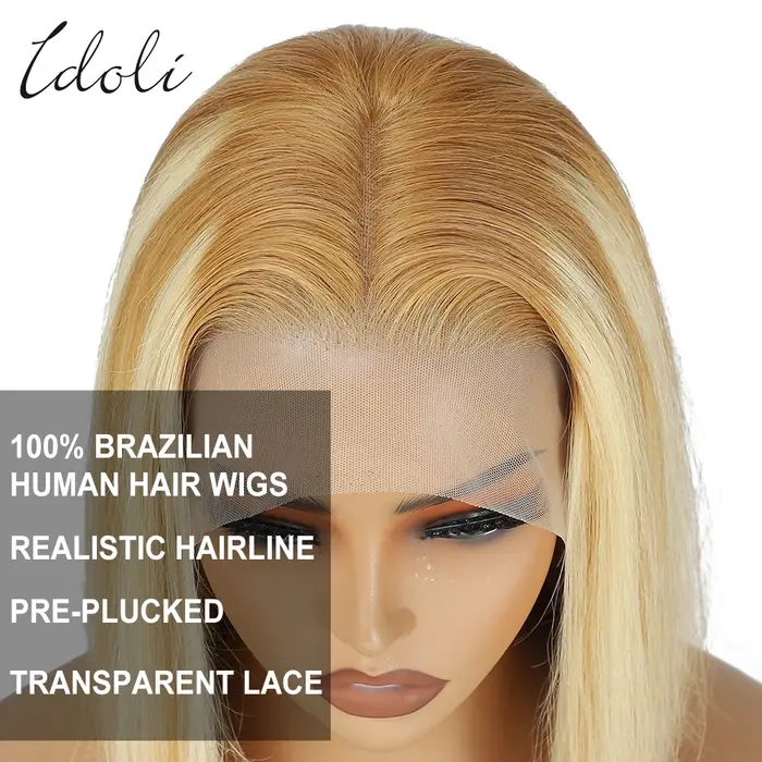 Perruque Lace Front BOB Naturelle Sans Colle HD, Cheveux Blonds à Reflets, P27/613, 13x4