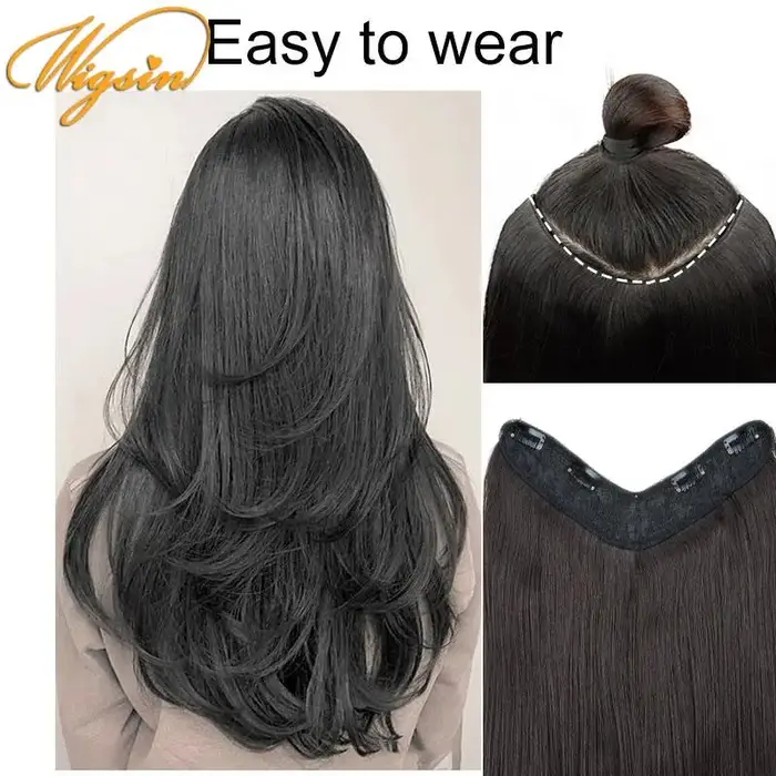 WIGSIN synthétique 55 cm en forme de V couches 4 Clips Extension de cheveux longs raides naturel Invisible postiche perruque pour les femmes