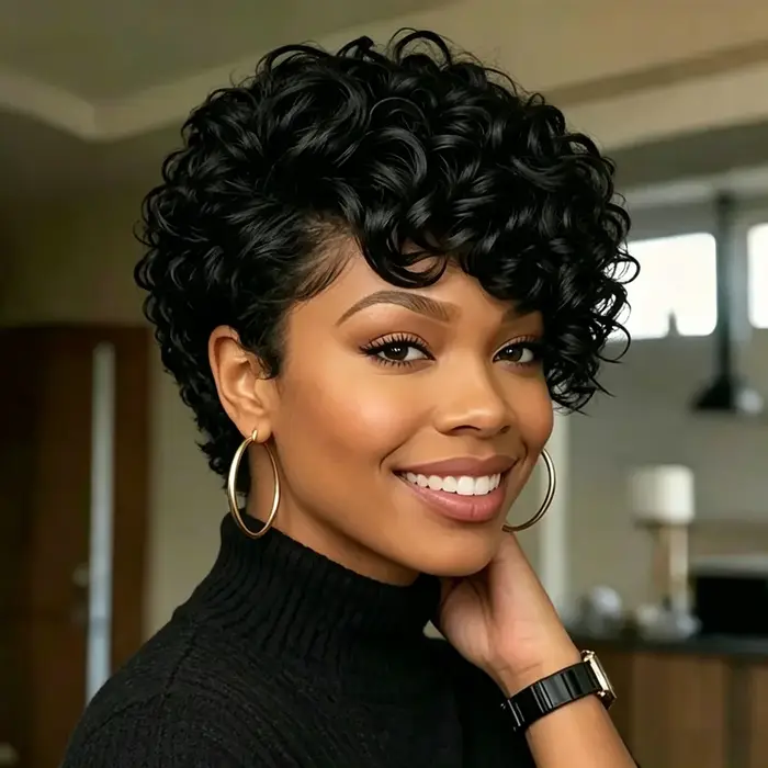 Perruque courte bouclée couleur naturelle coupe pixie