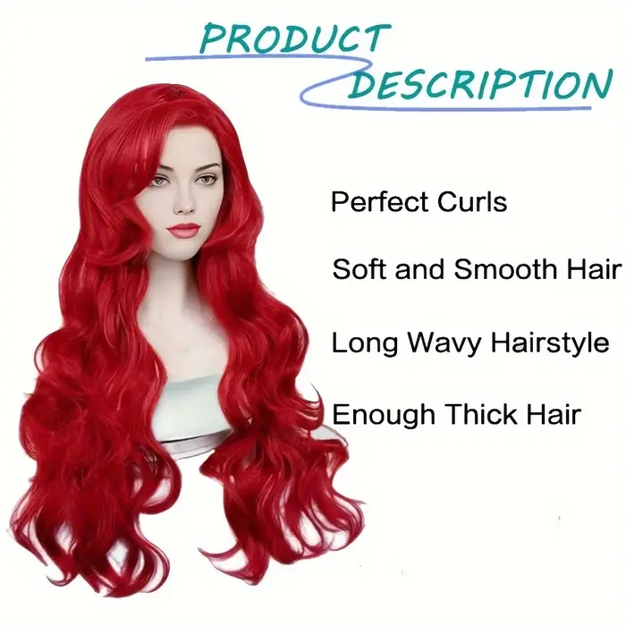 Perruque de cosplay synthétique longue bouclée rouge de 26 pouces