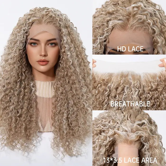 Perruque Lace Front Blonde Topshe HD 13x3.5 Cheveux Synthétiques Bouclés Profonds, Dentelle Invisibl