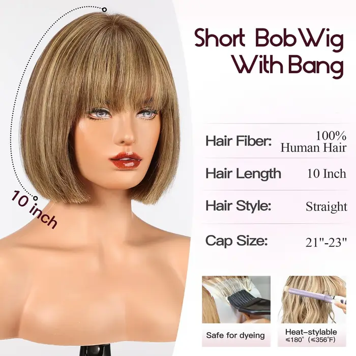 Bob brun mélangé blond Remy cheveux humains pour les femmes naturel droite perruques courtes avec fr