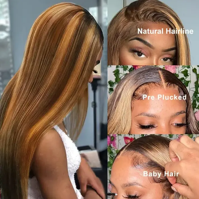 Perruque à mèches de cheveux humains 13X6 avec dentelle frontale HD, perruque droite en cheveux huma