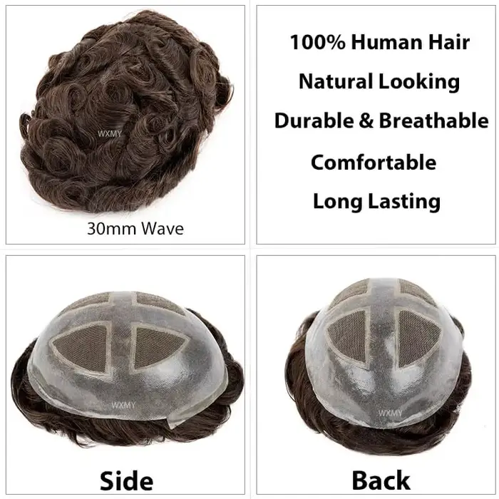 Toupet pour hommes croisé sur PU | Base de peau et dentelle + cadre en PU cheveux humains