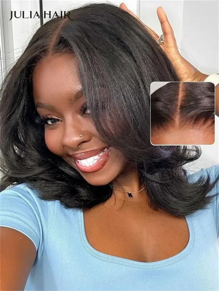 Julia Hair 13x4 7x5 Yaki droite Bob sans colle perruque Bye Bye noeuds dentelle frontale