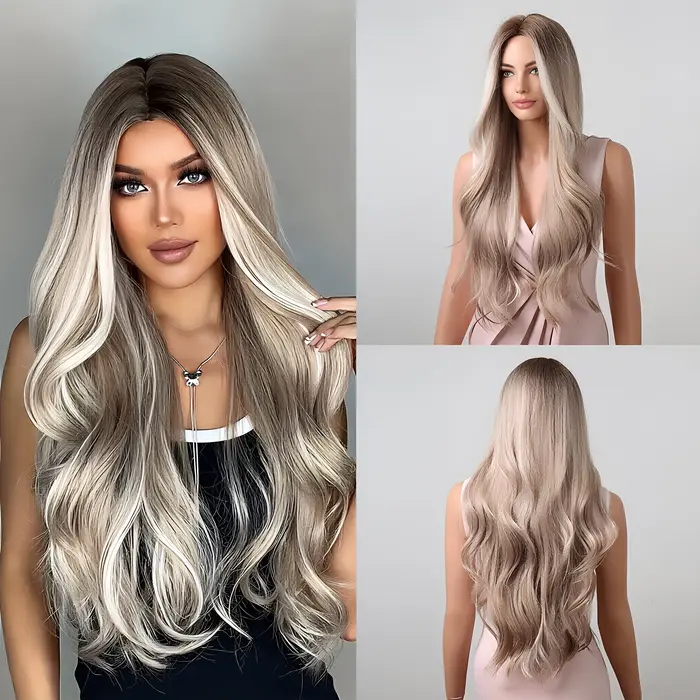 Perruque synthétique longue ondulée pour femmes, perruque de cheveux blond cendré ombré avec raie au