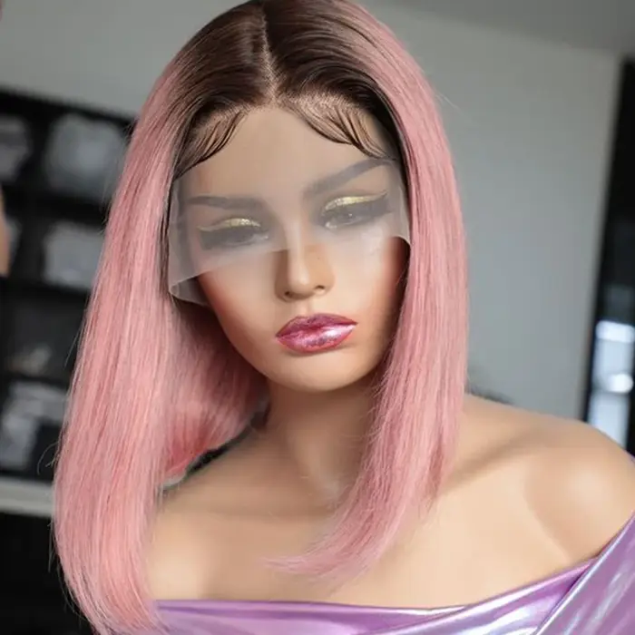 Perruque Bob Lace Front Wig naturelle lisse rose ombré, cheveux courts, Transparent, nœuds décolorés