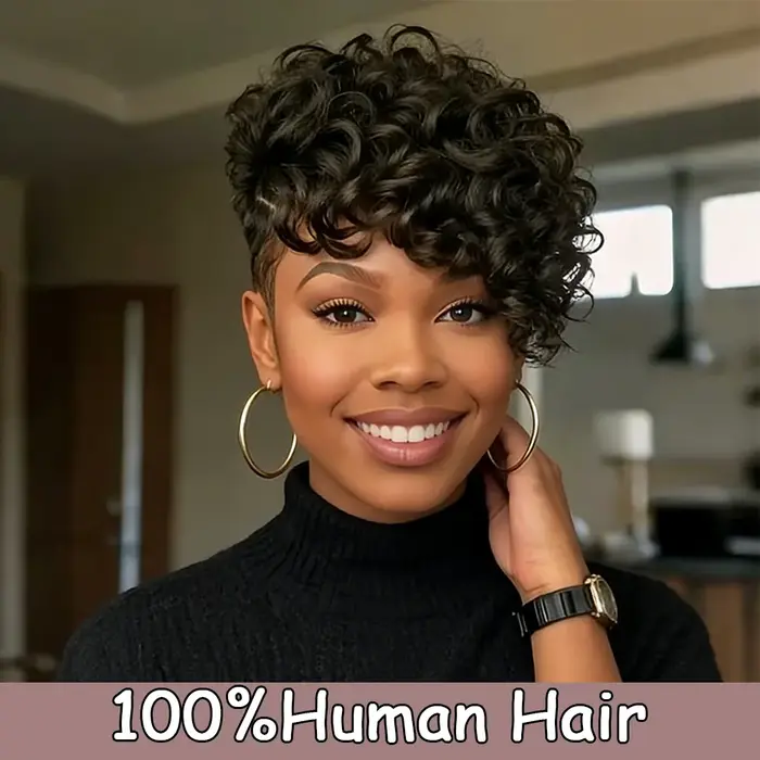 Perruque courte bouclée couleur naturelle coupe pixie, cheveux humains, courte, bouclée et dégradée