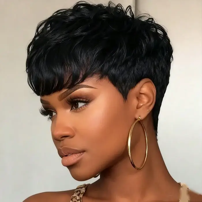 Perruque de cheveux humains droits coupe lutin courte avec frange cheveux péruviens coupe lutin en c