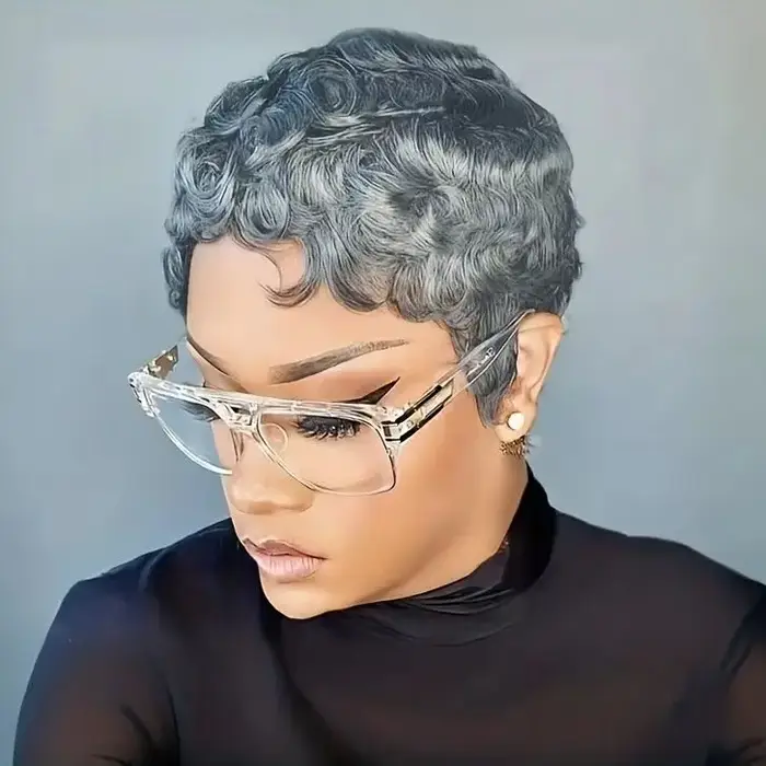Perruque de cheveux humains 6 pouces gris naturel avec boucles lâches densité 180 %