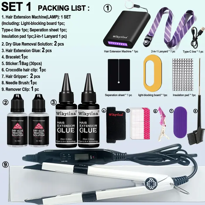 Kit d'extensions de cheveux professionnel V-Light avec colle UV pour salon et usage domestique - Mac