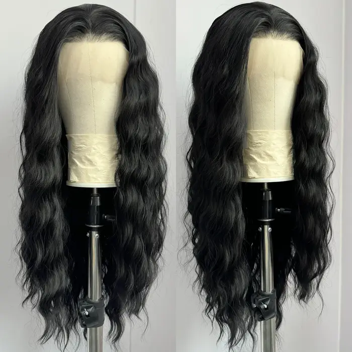 Perruque noire 13x4, longue, ondulée naturelle, synthétique, perruque en dentelle, perruques bouclée