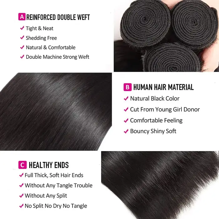 Mèches Brésiliennes Naturelles Lisses avec Closure, Cheveux de Bébé, 100% Non Traités, 4x4, 3 Lots