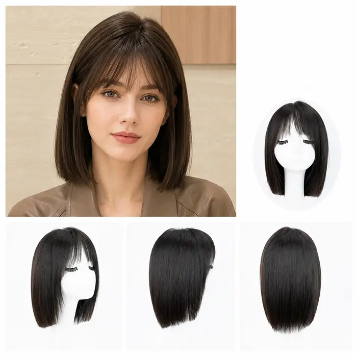 Perruques médicales courtes brunes foncées avec dessus en soie et dentelle frontale