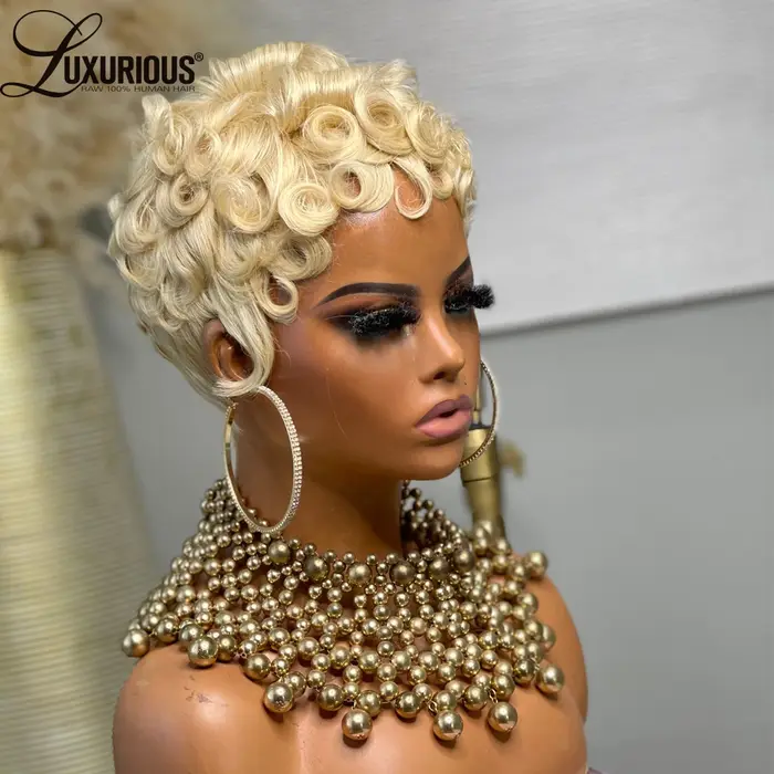 Perruque blonde 613 coupe pixie, perruque courte bob en cheveux humains, entièrement fabriquée à la 