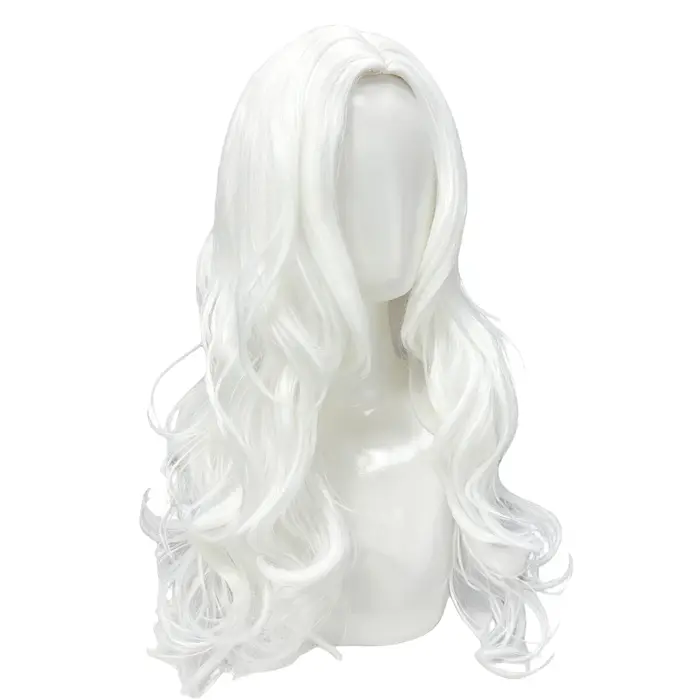 Perruque blanche longue ondulée avec partie centrale – Fiber synthétique d'apparence naturelle pour cosplay