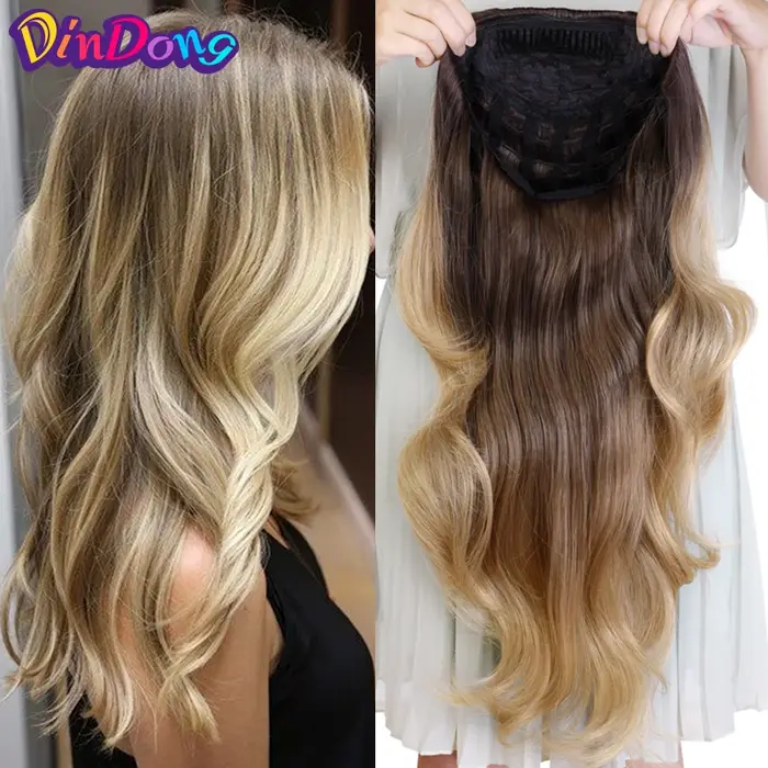 DinDong Demi Perruque Synthétique Ondulée pour Femmes, Extension à Clipser dans Cheveux, Peigne, sur Tête en Maille, 3/4, 24 Pouces, 60 cm