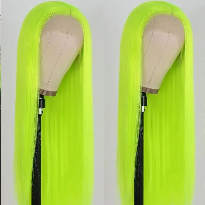 Perruques longues et droites à 200% de densité, couleur vert fluorescent, perruques frontales en den