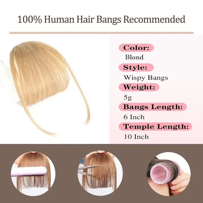 Frange de rideau vaporeux 100% cheveux humains, frange d'air française légère avec branches, extensions de cheveux à Clip pour femmes, couleur blonde