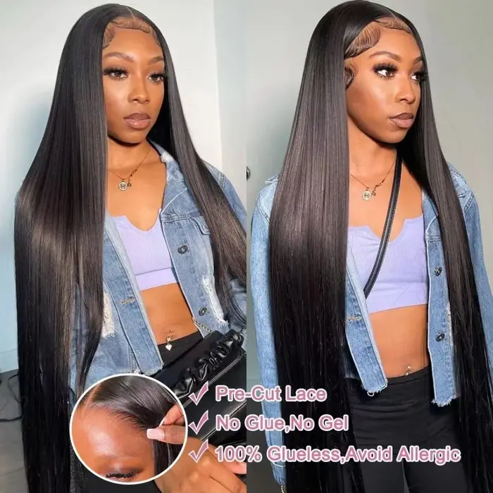 Perruques de cheveux humains Bling Hair 6x9 lisses et soyeuses sans colle avec dentelle frontale pou