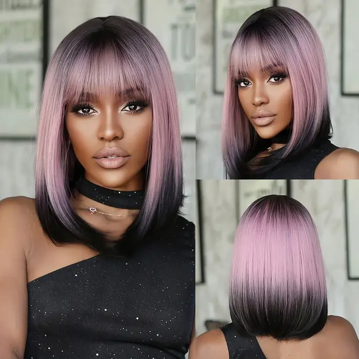 Perruques synthétiques courtes et lisses pour femmes, perruques Bob ombrées blondes à brunes avec frange, faux cheveux résistants à la chaleur pour fête Cosplay quotidienne