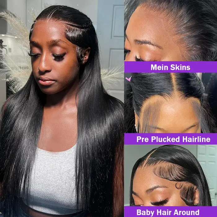 Sophia-Perruque Lace Closure Brésilienne Naturelle, Cheveux Lisses, Sans Colle, 4x4, 13x4, 13x6, Den