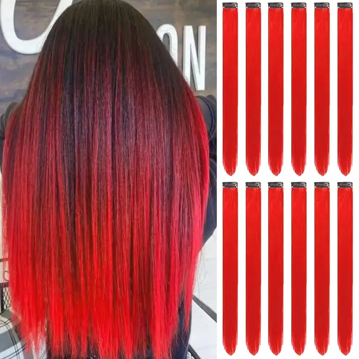 Extensions de cheveux rouges à clipser, Extension de reflets de fête colorés pour enfants filles pos