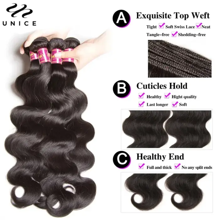 Mèches 100% naturelles Body Wave-UNice Hair, cheveux humains, avec closure, 4x4 pouces, document nat