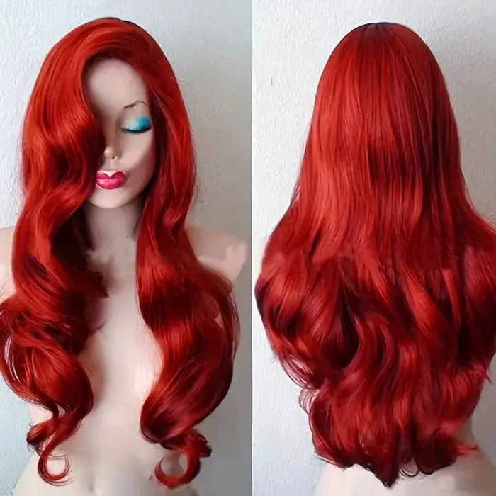 Perruque de cosplay synthétique longue bouclée rouge de 26 pouces