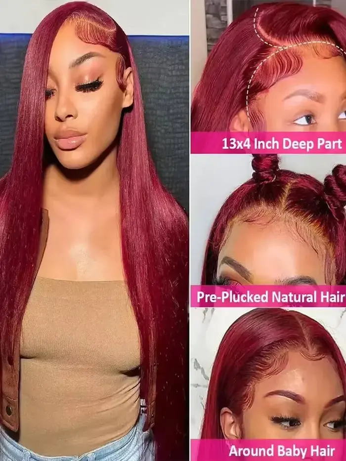 Perruque lisse bordeaux 99J, densité 200%, cheveux Remy, perruques frontales en dentelle HD transpar