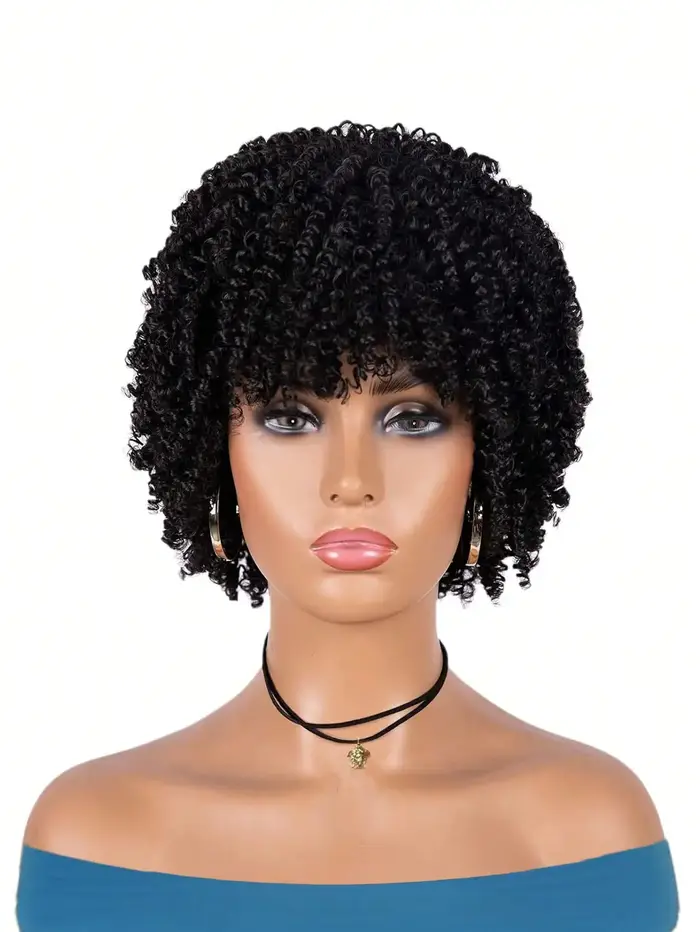 Perruque afro bouclée courte avec frange pour femmes noires, cheveux synthétiques, naturels, cosplay
