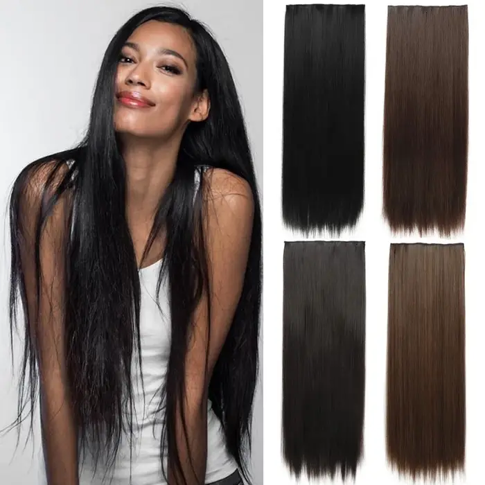 MERISIHAIR 32 pouces Extensions de cheveux synthétiques une pièce 5 Clips longue droite haute température fibre noir brun postiche