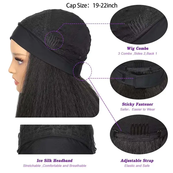 Perruque synthétique Yaki lisse et crépue pour femmes, perruque avec bandeau noir, facile à coiffer, sans dentelle frontale, sans colle