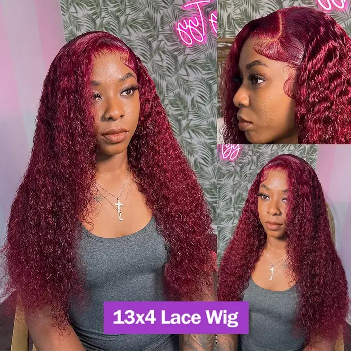 Perruque Lace Front Wig naturelle brésilienne ondulée, cheveux bouclés, bordeaux 99j, 13x6 Hd, Deep