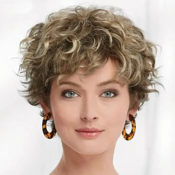 Dames perruque naturel court fille bouclés cheveux ondulés perruques femmes pleine perruque + bonnet