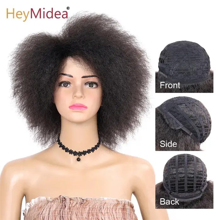 HeyMidea-Perruque Synthétique Courte et Bouclée pour Femme Noire