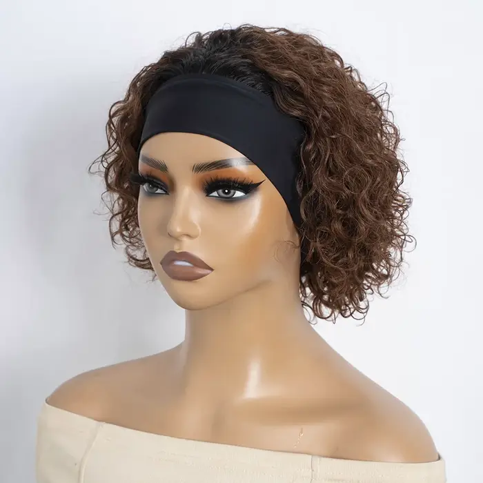 Perruque bandeau en cheveux humains bouclés, perruques brunes à enfiler, perruques bandeau sans colle avec bande élastique, coupe pixie, perruques bouclées en cheveux humains