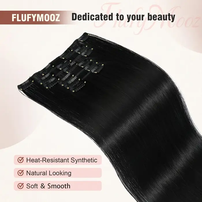 6 extensions de cheveux lisses à clipser pour femmes - Postiche synthétique résistant à la chaleur avec effet naturel