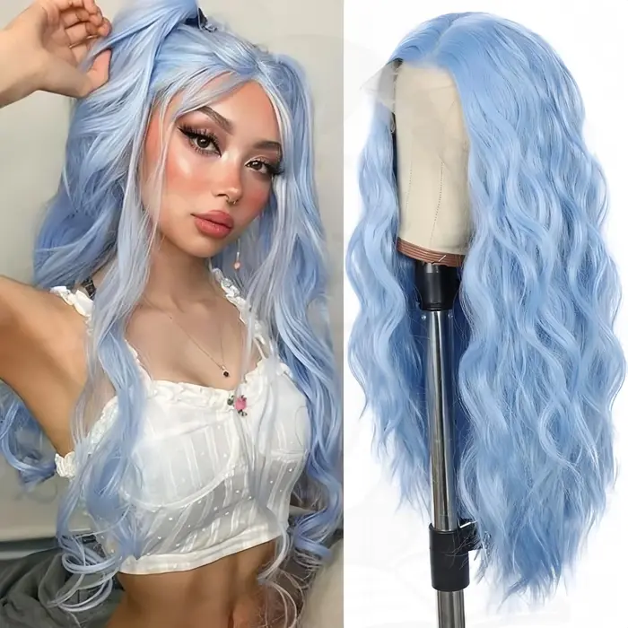 Perruque Lace Front Wig synthétique ondulée bleue 13 × 4