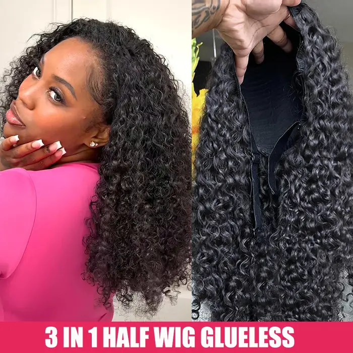Perruque mi-tête 250% Kinky Curly en cheveux humains, 3-en-1, sans couture, à porter en deux parties