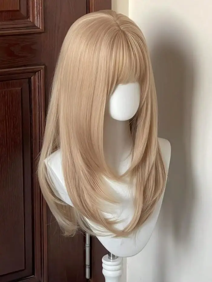 Perruque synthétique blonde droite de 20 pouces avec frange
