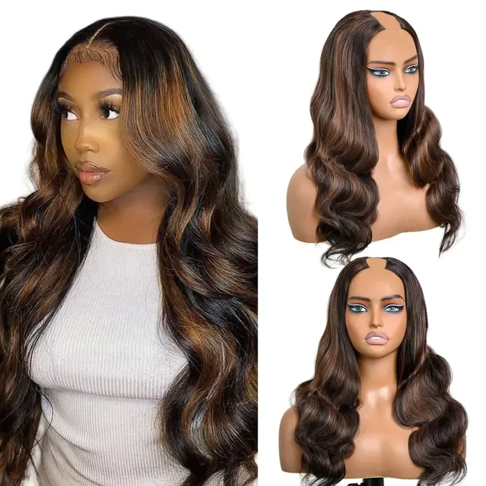 Perruque V-Part Body Wave améliorée avec cordon de serrage réglable, densité 220, forme en V, demi-p