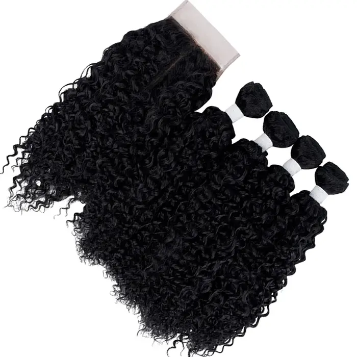 Lot de 4 mèches de cheveux synthétiques bouclés crépus avec closure 4x4