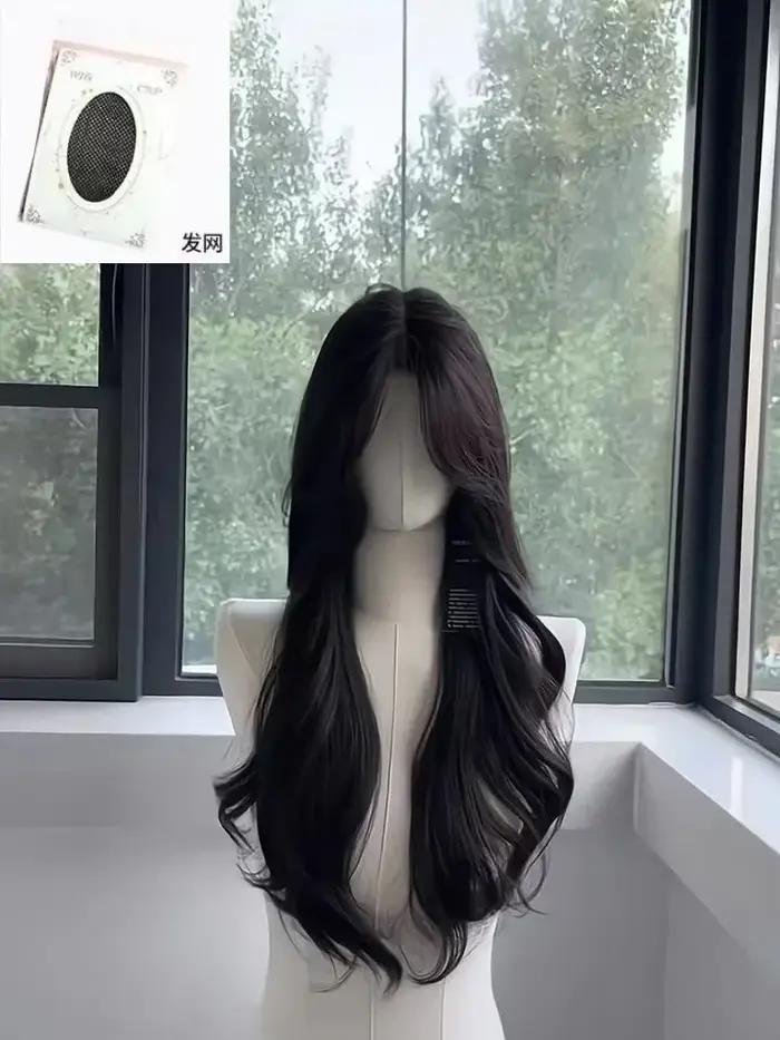 Perruque noire longue ondulée cheveux naturels perruques synthétiques pour femmes 24 pouces haute qu